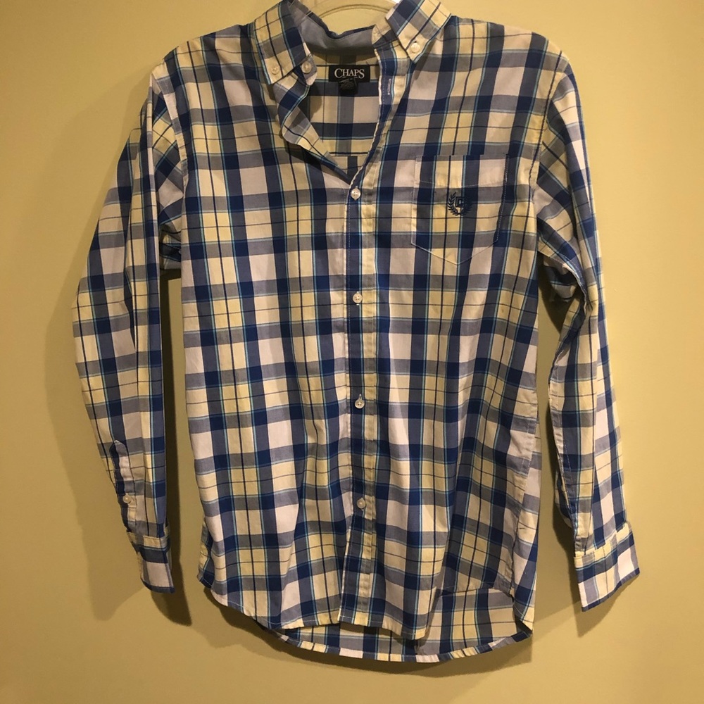Chaps Boy's Button-Down Dress Shirt Size L Blue Yellow Plaid EUC.  Worn once.